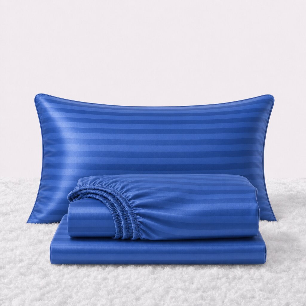 Folded shiny royal blue striped satin sheets in front of one matching pillow on a white textured surface.
