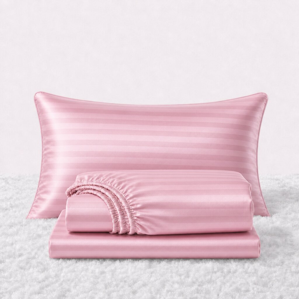 Folded shiny pink striped satin sheets in front of one matching pillow on a white textured surface.