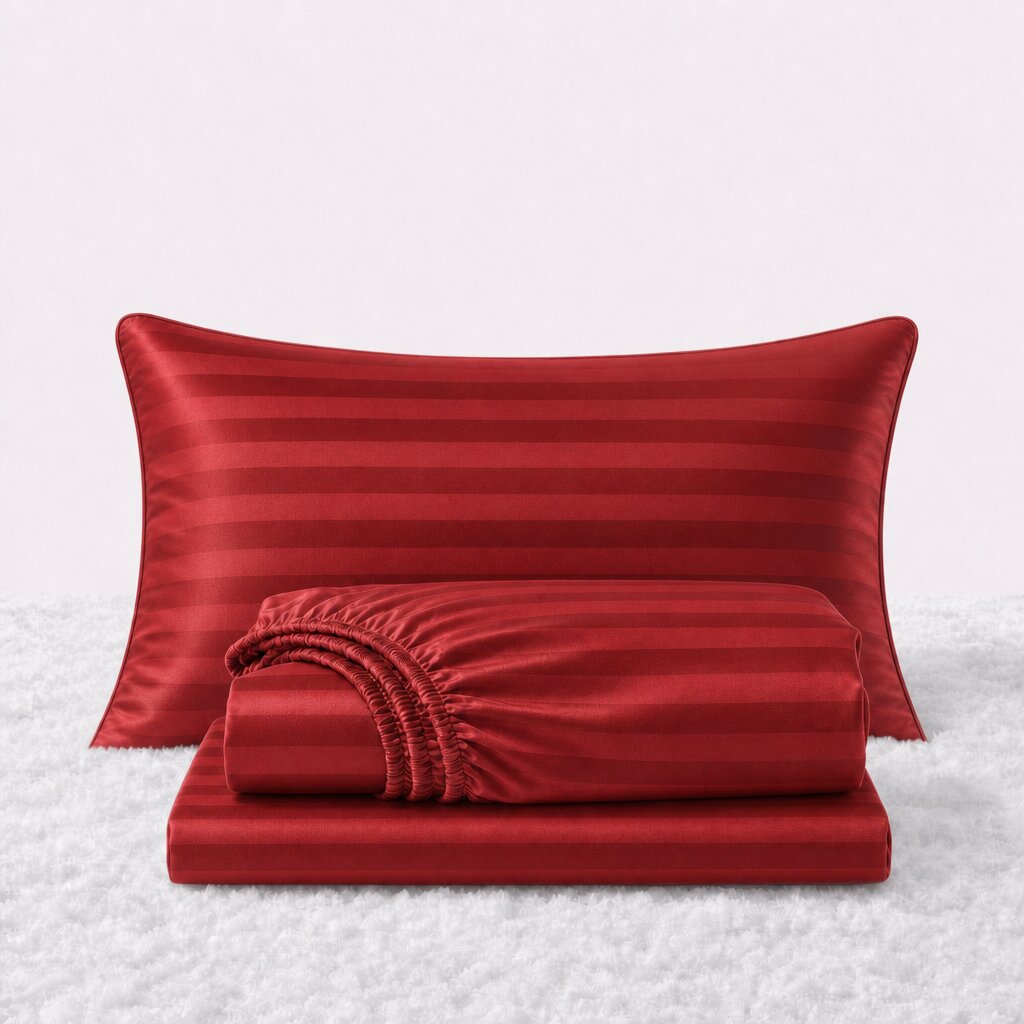 Folded shiny red striped satin sheets in front of one matching pillow on a white textured surface.