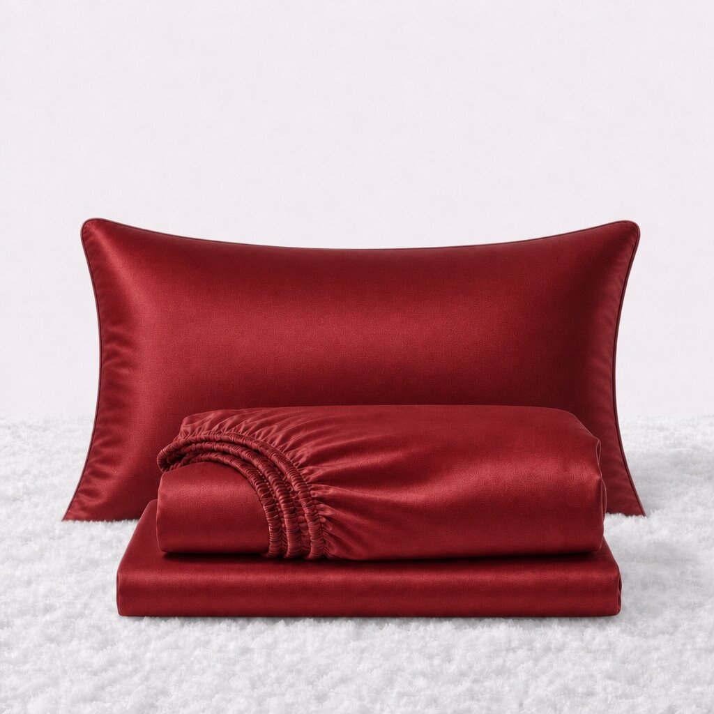 Folded shiny red satin sheets in front of one matching pillow on a white textured surface.