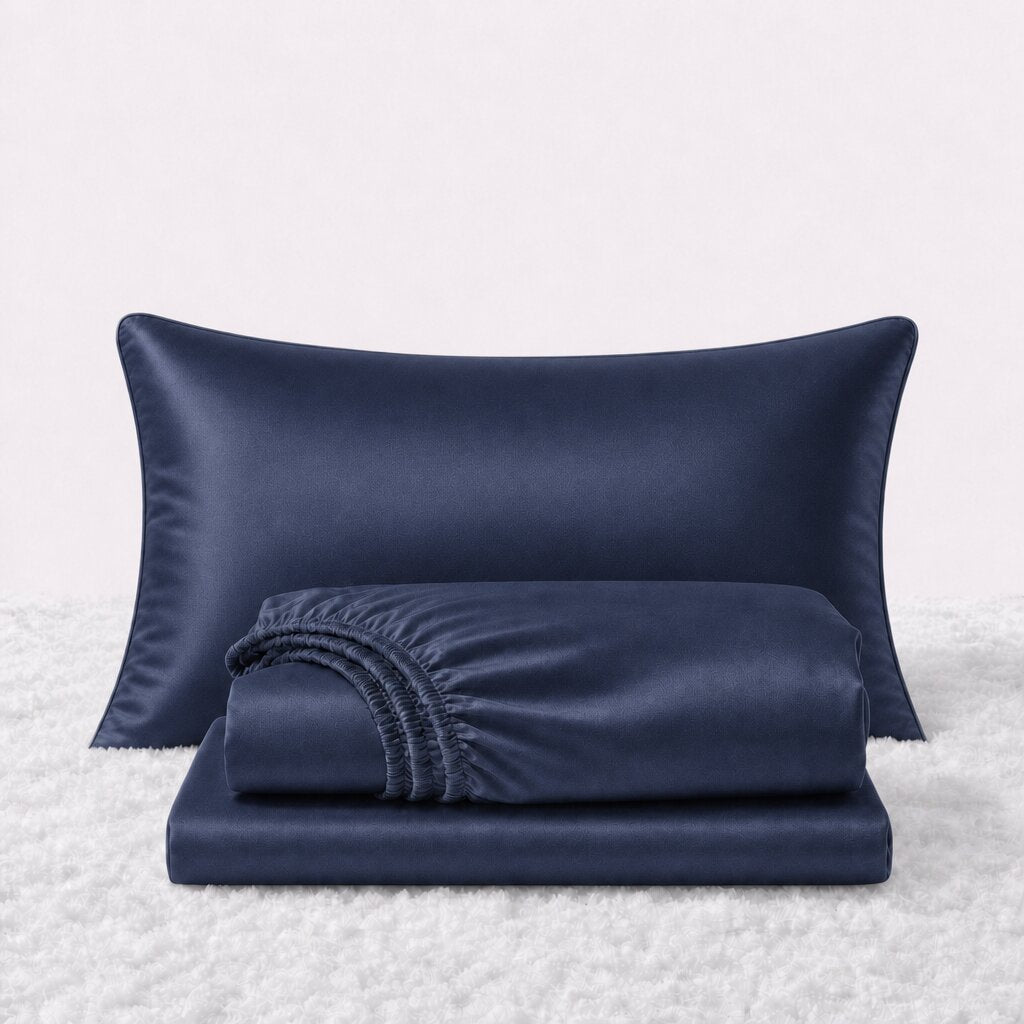 Folded shiny navy blue satin sheets in front of one matching pillow on a white textured surface.