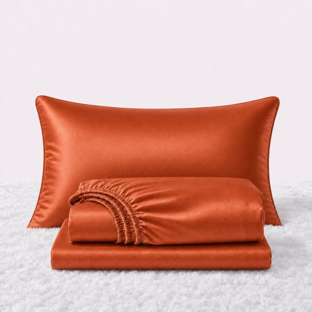 Folded shiny burnt orange satin sheets in front of one matching pillow on a white textured surface.