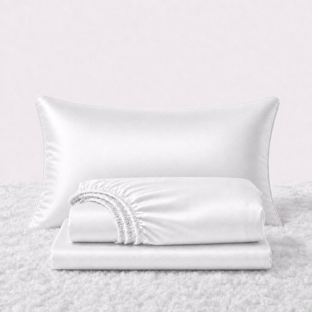 Folded shiny white satin sheets in front of one matching pillow on a white textured surface.