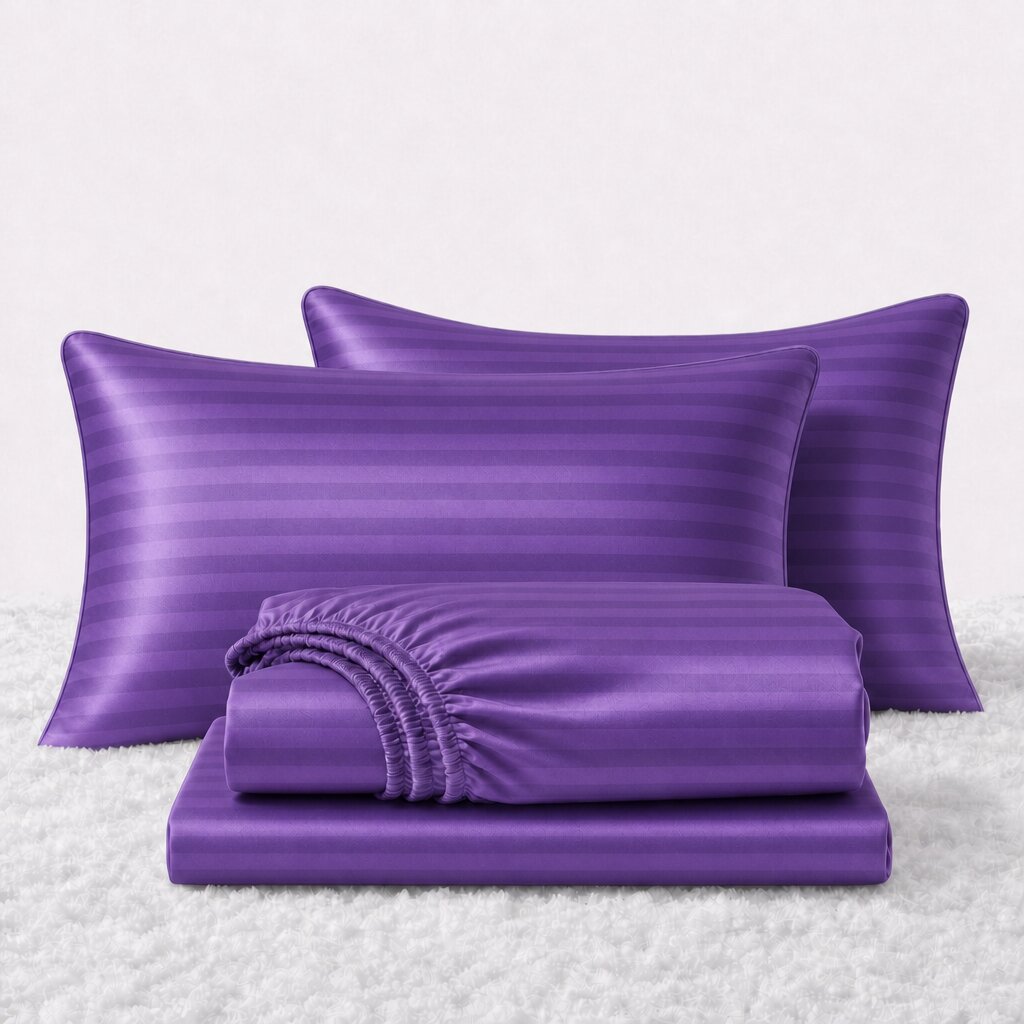 Folded shiny purple striped satin sheets in front of two matching pillows on a white textured surface.