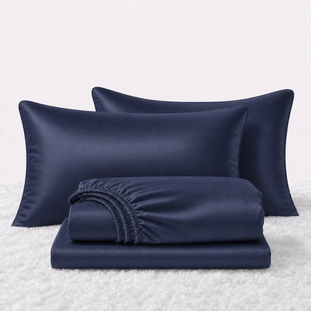 Folded shiny navy blue satin sheets in front of two matching pillows on a white textured surface.