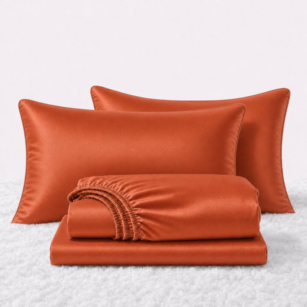 Folded shiny burnt orange satin sheets in front of two matching pillows on a white textured surface.