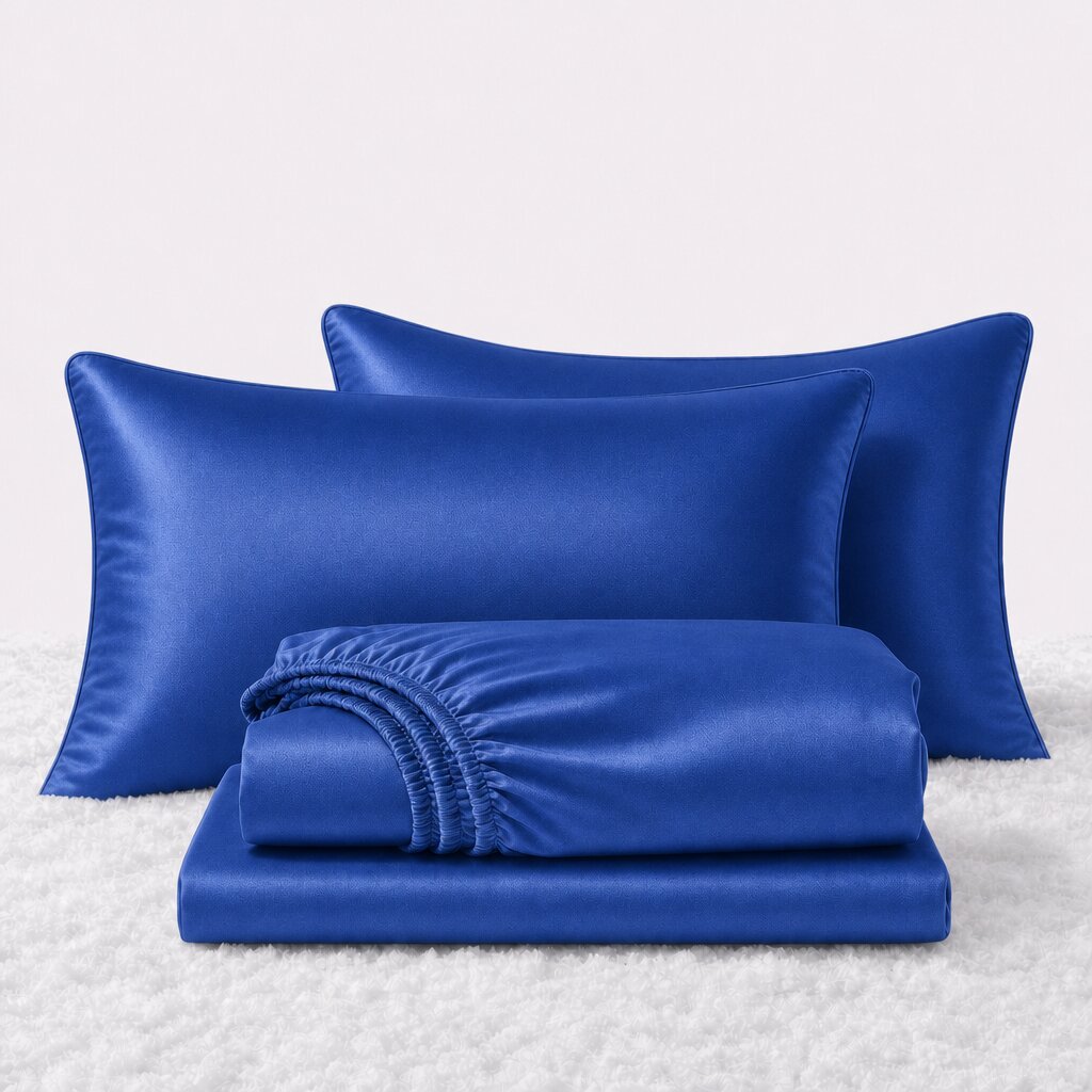 Folded shiny royal blue satin sheets in front of two matching pillows on a white textured surface.