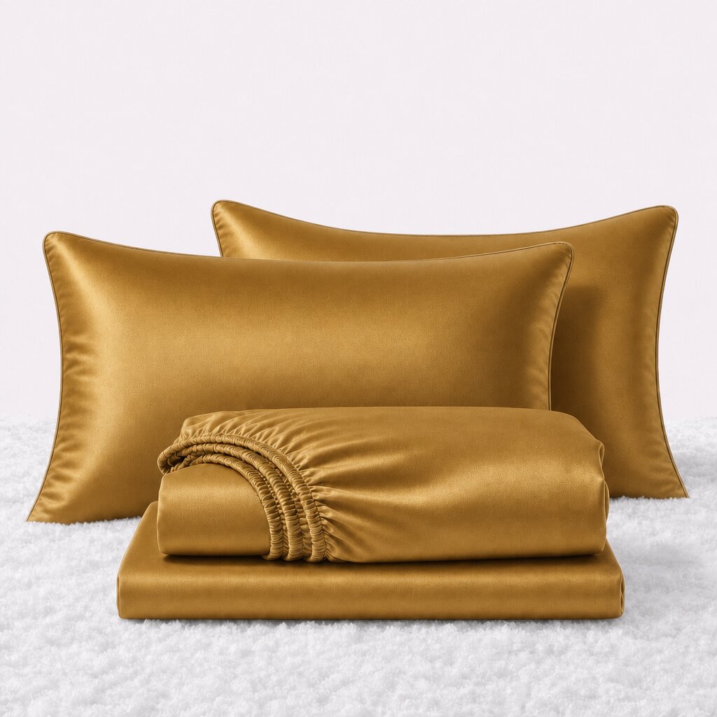 Folded shiny gold satin sheets in front of two matching pillows on a white textured surface.