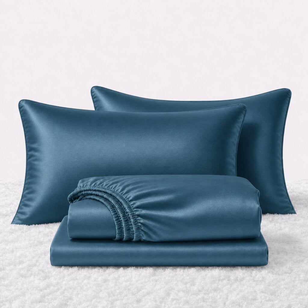 Folded shiny teal blue satin sheets in front of two matching pillows on a white textured surface.
