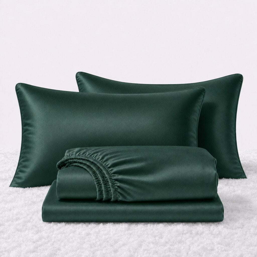 Folded shiny emerald green satin sheets in front of two matching pillows on a white textured surface.