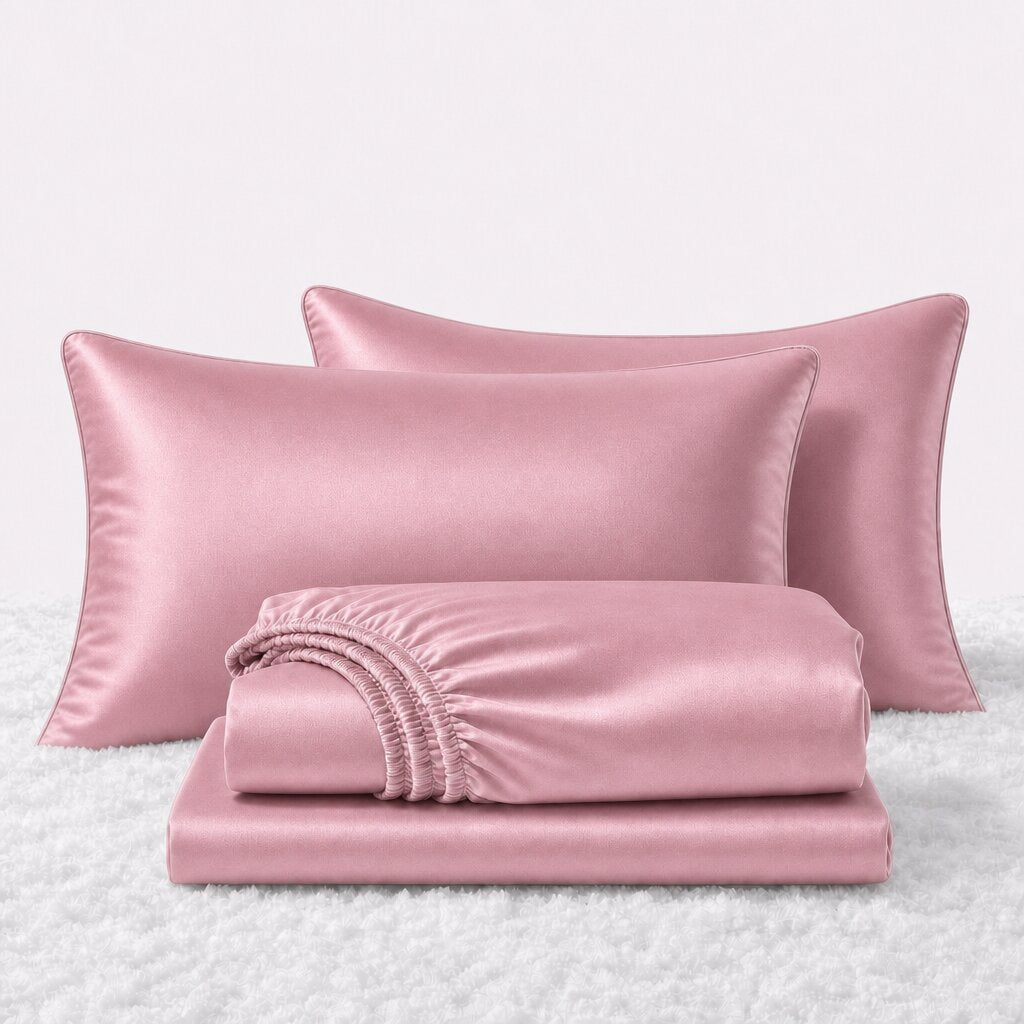 Folded shiny pink satin sheets in front of two matching pillows on a white textured surface.