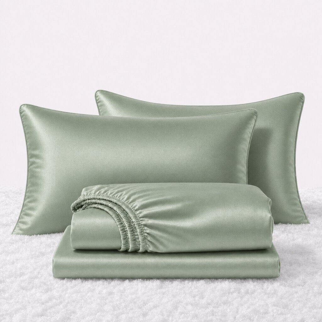 Folded shiny mint green satin sheets in front of two matching pillows on a white textured surface.