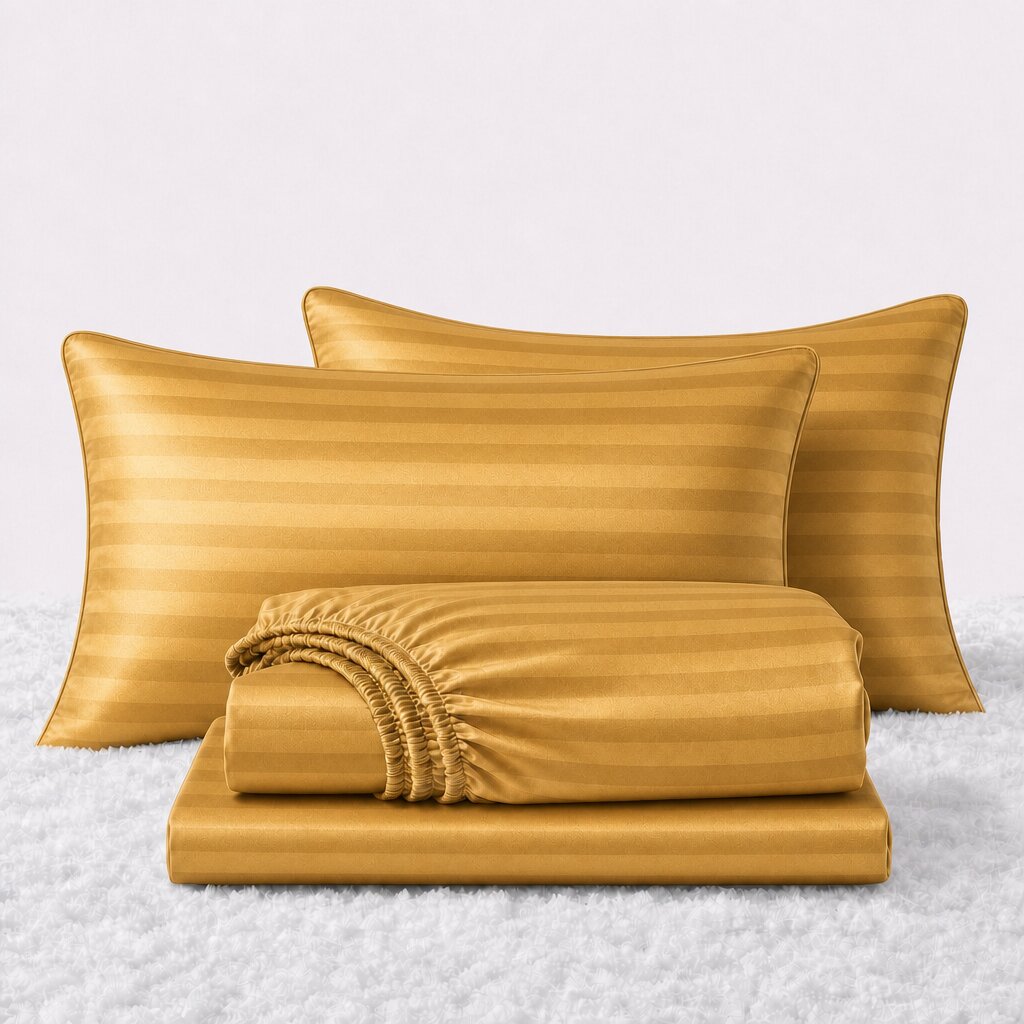 Folded shiny gold striped satin sheets in front of two matching pillows on a white textured surface.