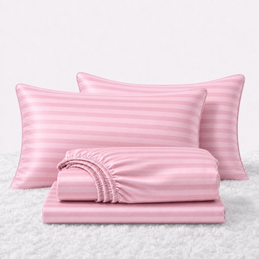 Folded shiny pink striped satin sheets in front of two matching pillows on a white textured surface.
