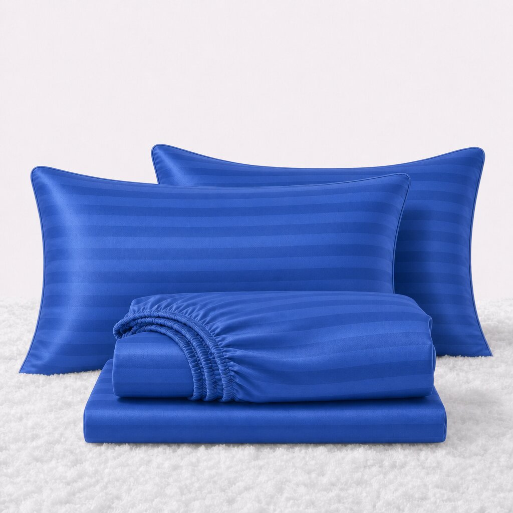 Folded shiny royal blue striped satin sheets in front of two matching pillows on a white textured surface.
