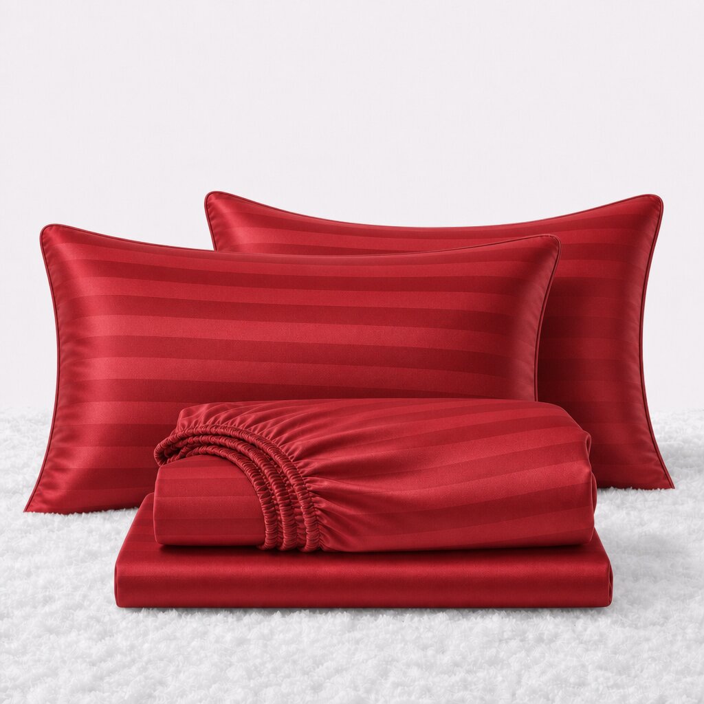 Folded shiny red striped satin sheets in front of two matching pillows on a white textured surface.