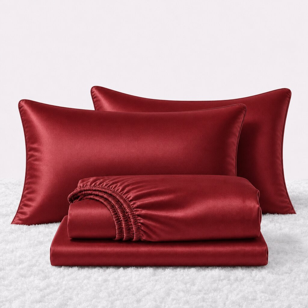 Folded shiny red satin sheets in front of two matching pillows on a white textured surface.