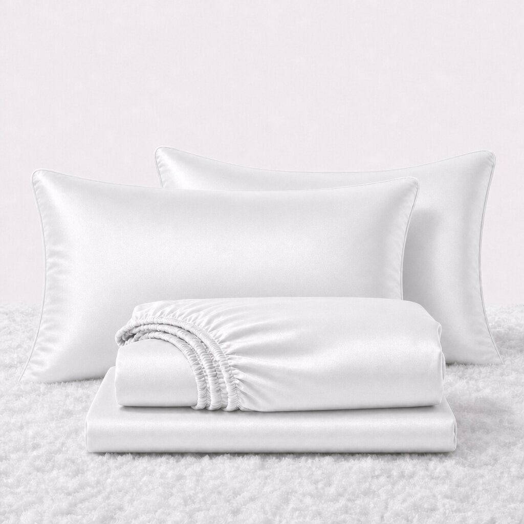 Folded shiny white satin sheets in front of two matching pillows on a white textured surface.