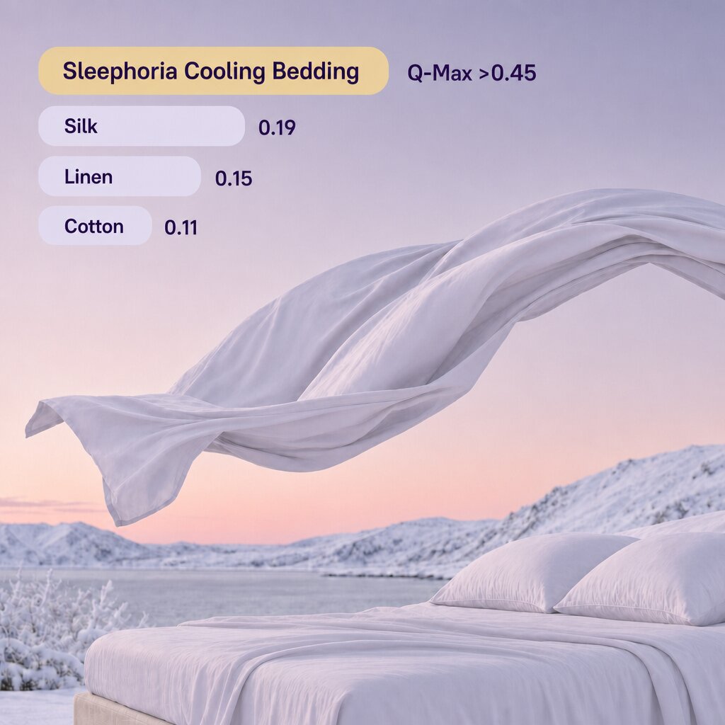 Cooling comparison graphic: Sleephoria Q-Max >0.45, silk 0.19, linen 0.15 and cotton 0.11, above fabric floating over a snowy landscape.
