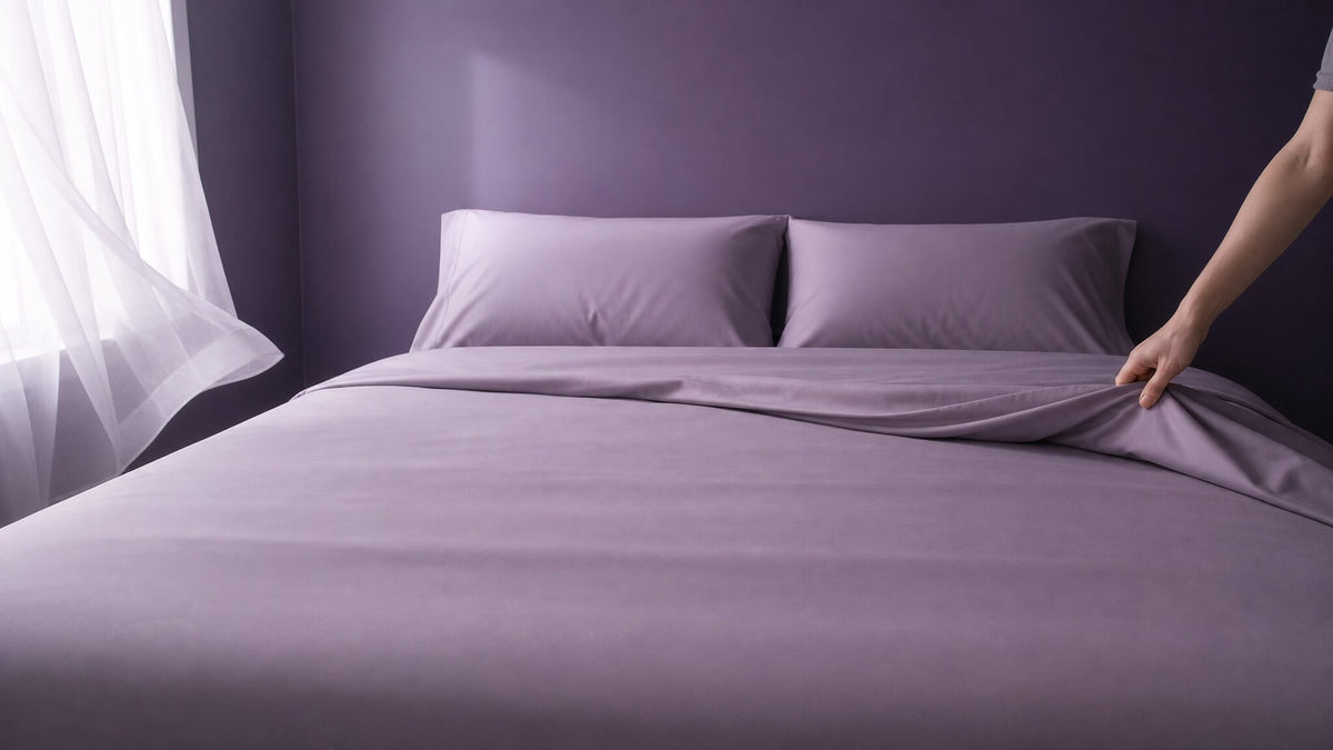 A hand pulling a lavender top sheet smooth across a bed with two matching pillows beside a sheer curtained window.