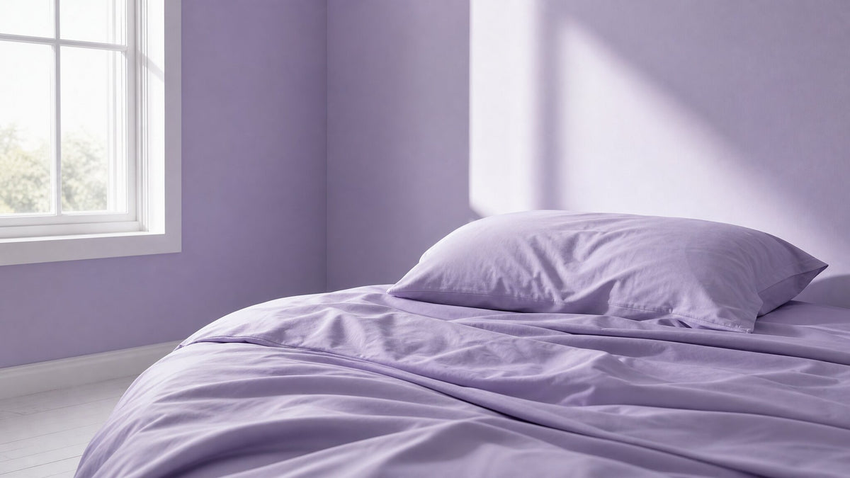 Rumpled lavender bedding and a matching pillow in a sunlit bedroom with purple walls.