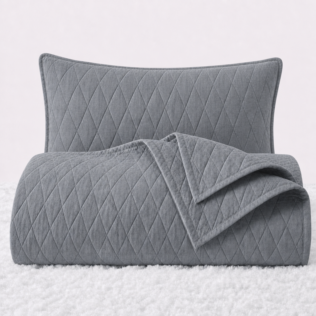 Folded gray diamond stitched quilt with one matching pillow sham standing behind it on a white textured surface.