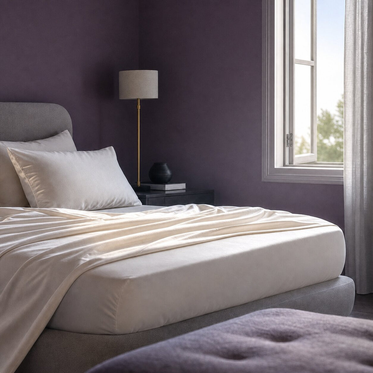 Cream bedding with a loosely draped top sheet beside a tall window and a floor lamp in a mauve bedroom.