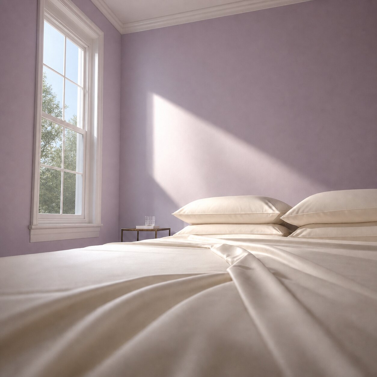 Cream sheets draped across a bed with two matching pillows in a sunlit lavender bedroom.