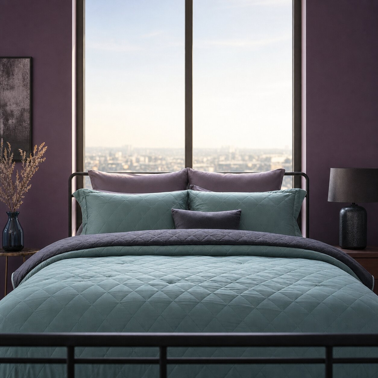 Teal quilted comforter folded back over dark bedding on a metal bed frame in front of a tall city facing window.