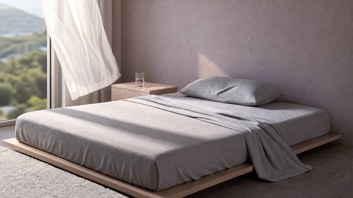 Gray bedding on a low wooden platform bed beside a tall open window with sheer curtains and a green mountain view.