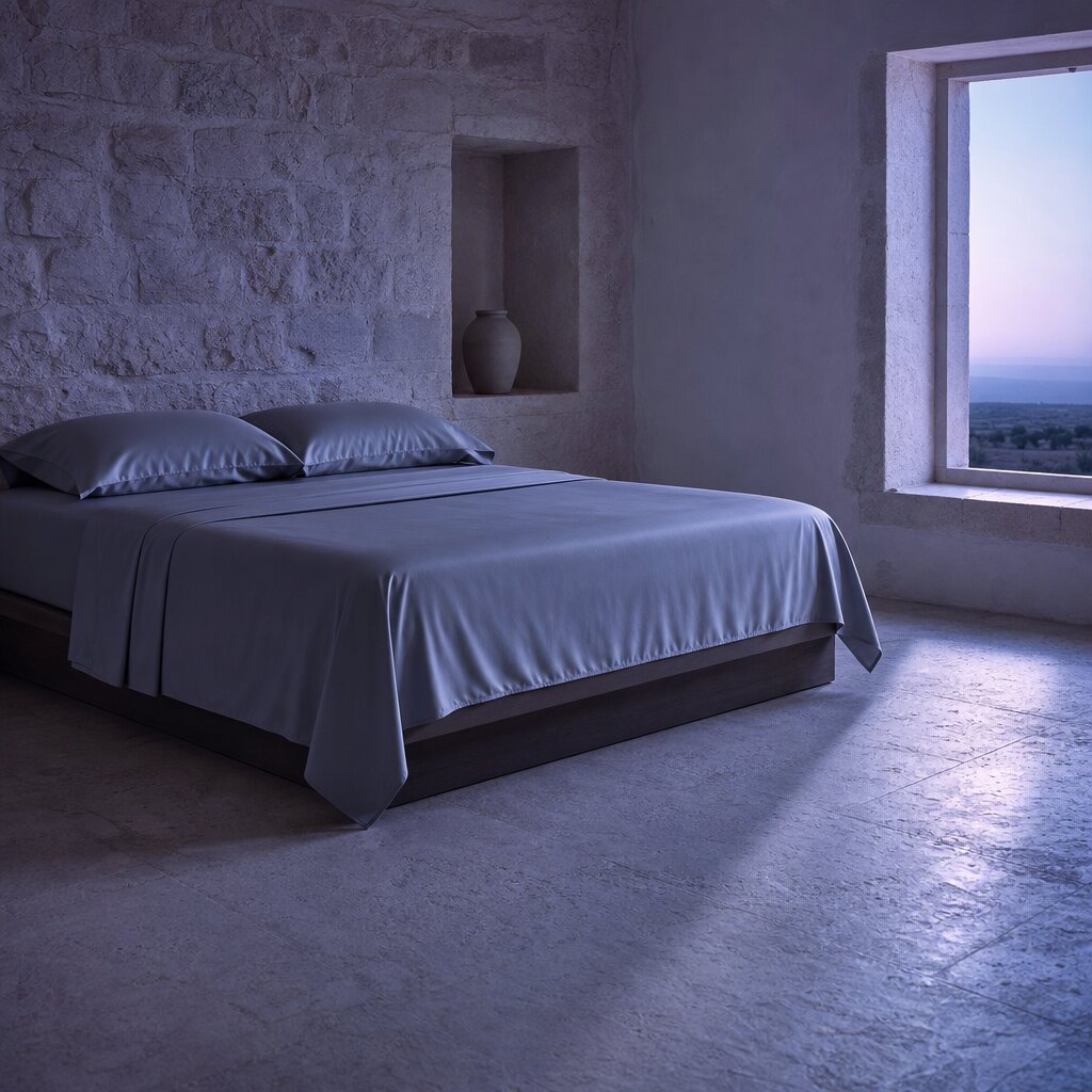 Blue gray sheets and two pillows on a low bed in a stone walled bedroom at dusk.