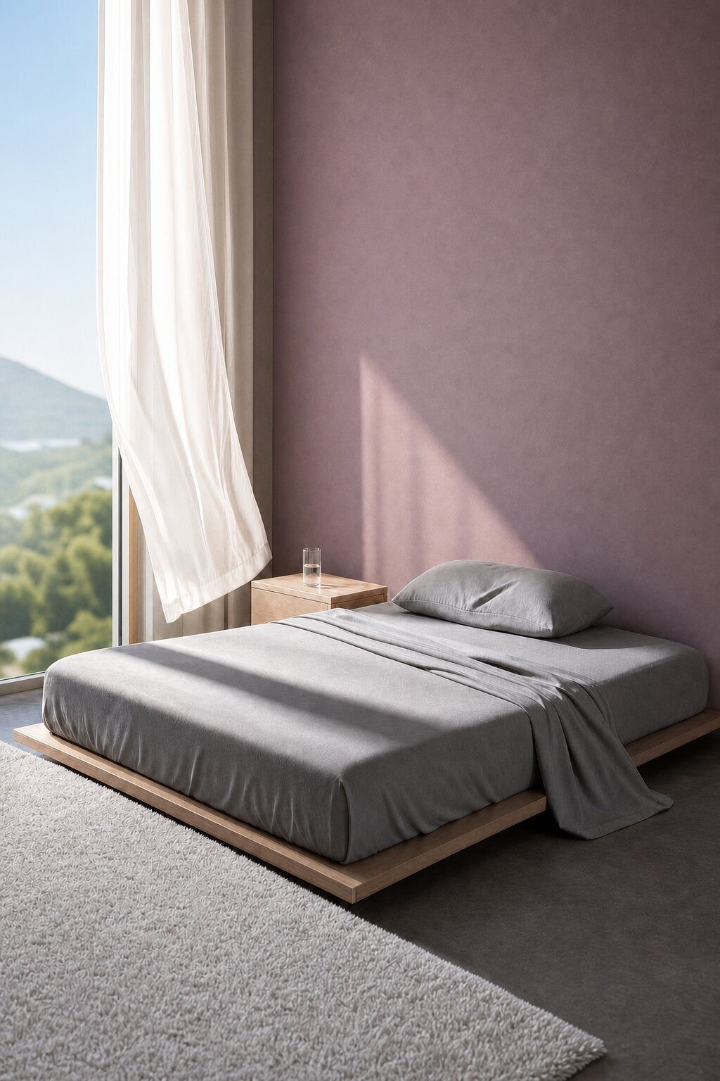 Gray bedding on a low platform bed below a tall window, with a sheer curtain and green hills outside.