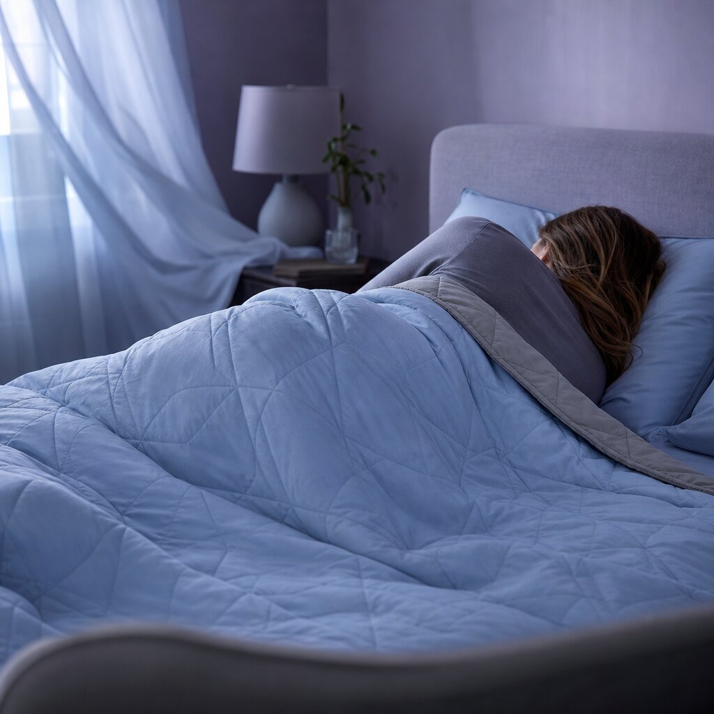 A person resting on their side beneath a light blue quilted comforter, with blue pillows and sheer curtains nearby.
