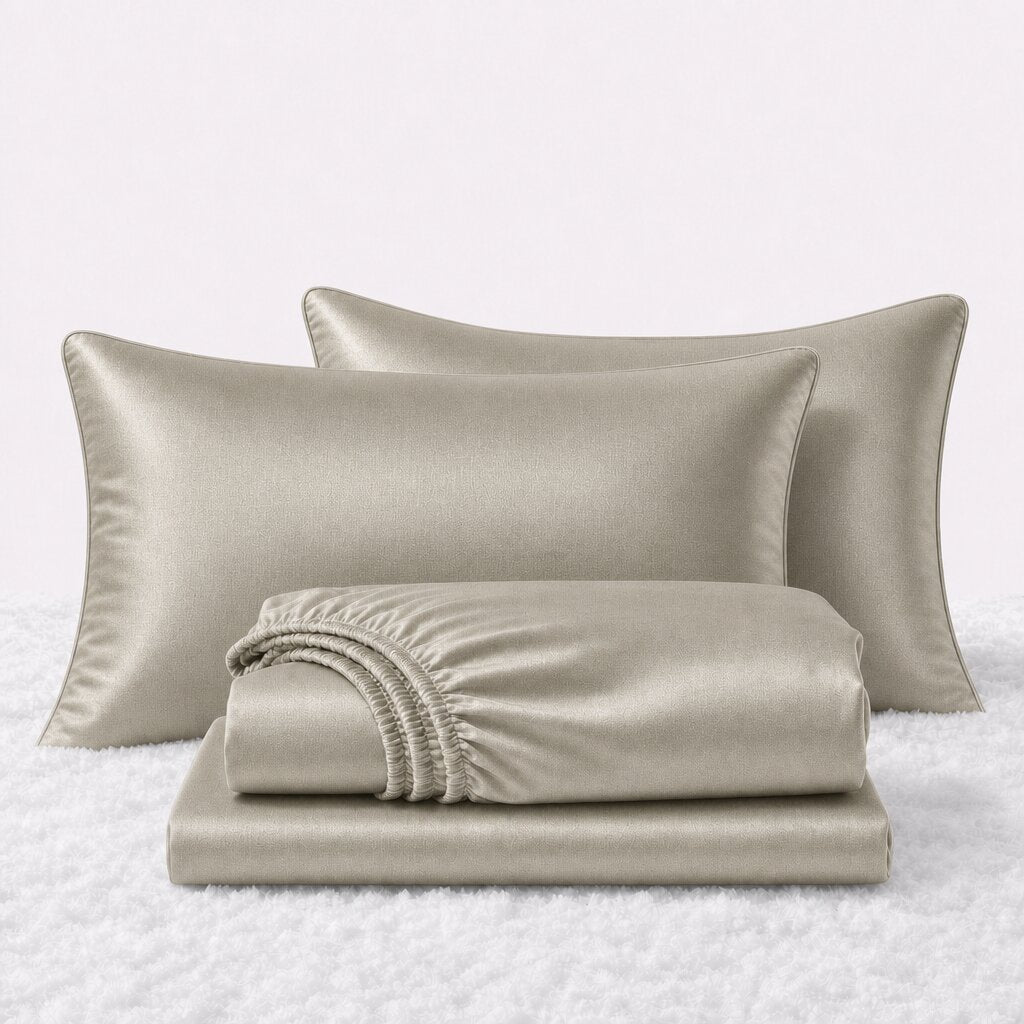 Folded shiny ivory satin sheets in front of two matching pillows on a white textured surface.