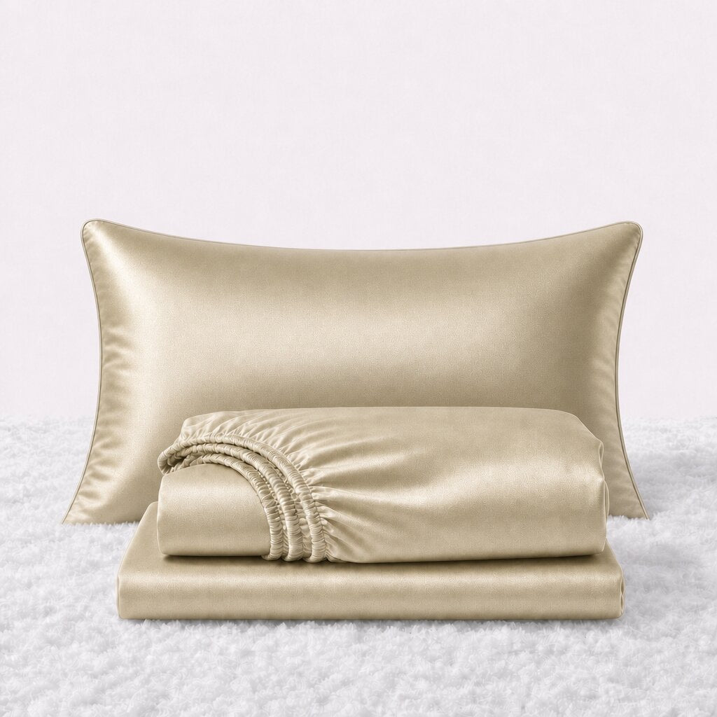 Folded shiny champagne satin sheets in front of one matching pillow on a white textured surface.
