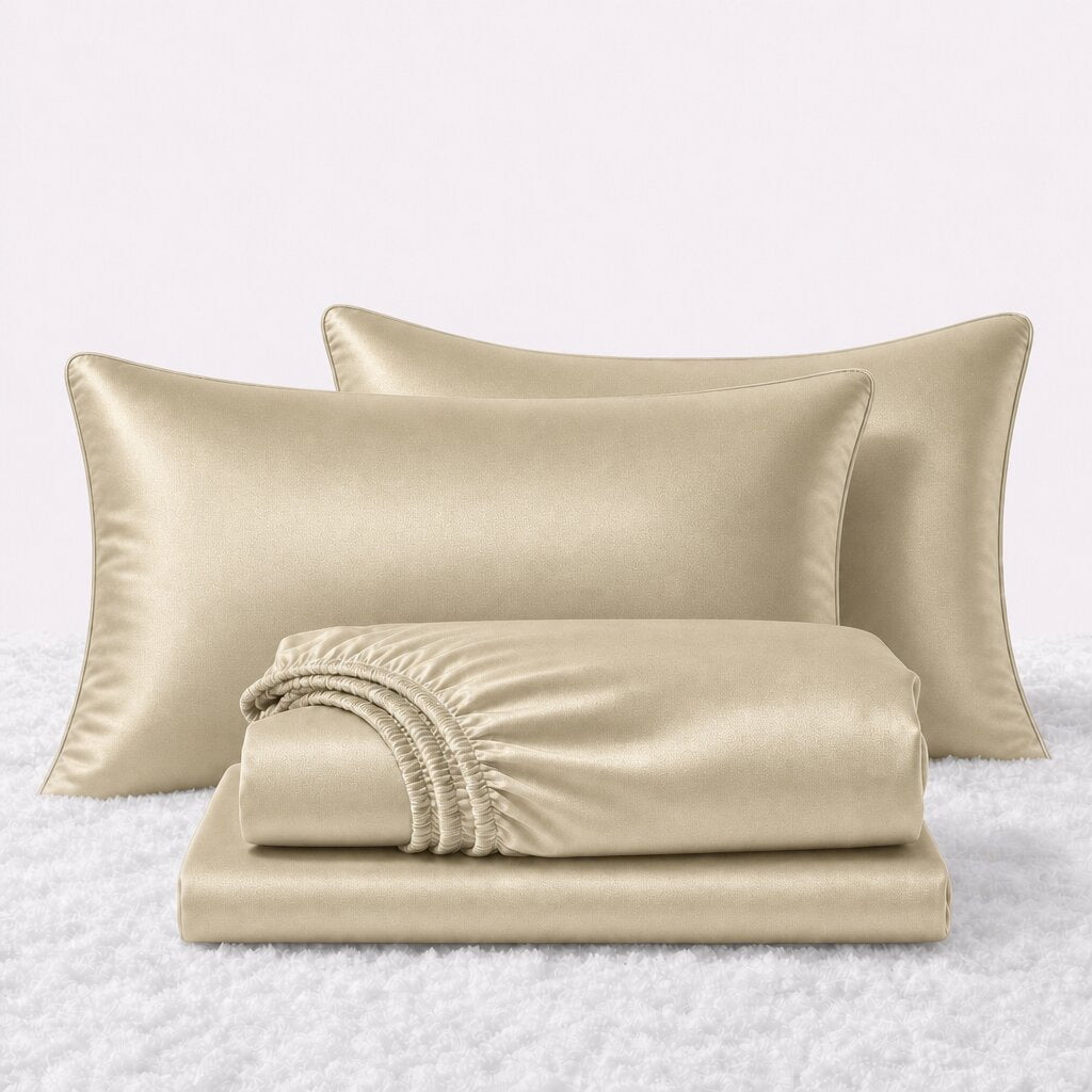 Folded shiny champagne satin sheets in front of two matching pillows on a white textured surface.