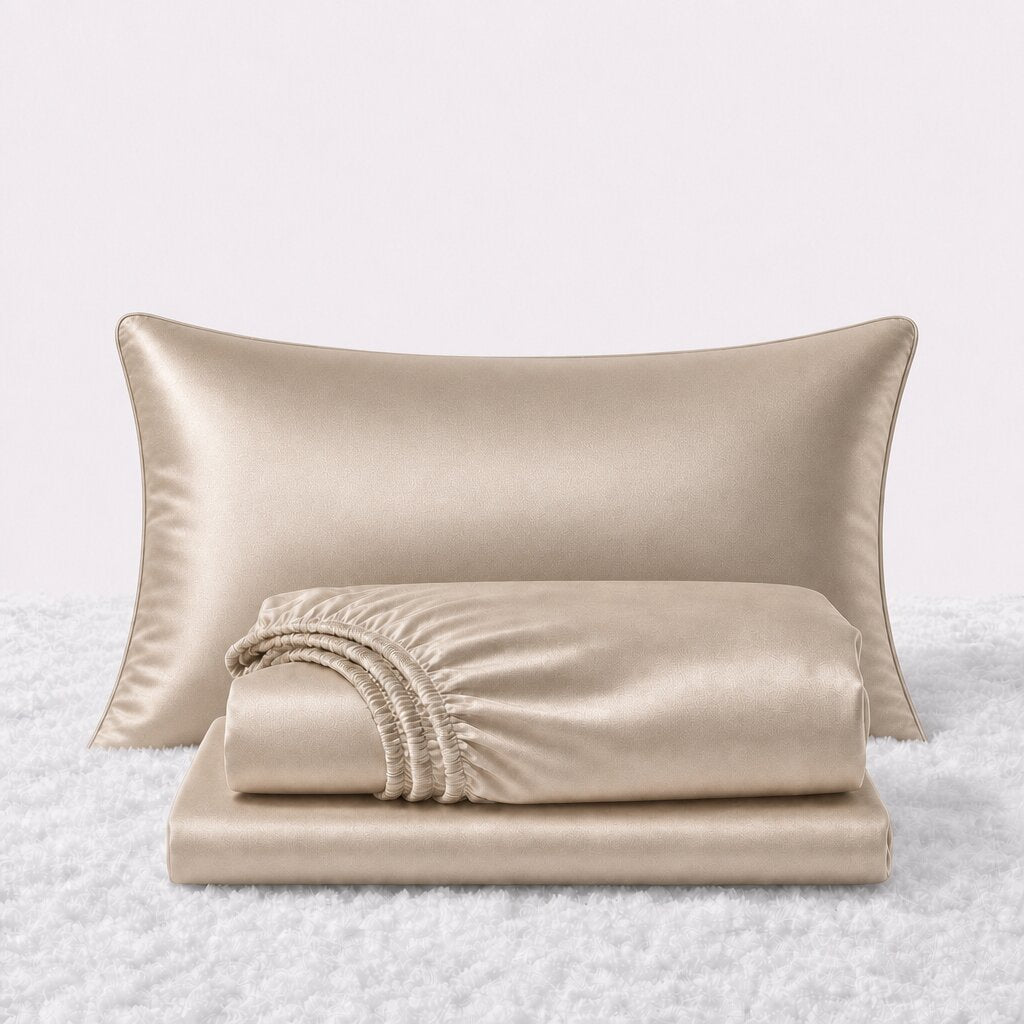 Folded shiny champagne satin sheets in front of one matching pillow on a white textured surface.
