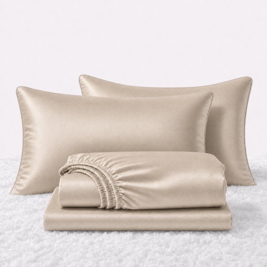 Folded shiny champagne satin sheets in front of two matching pillows on a white textured surface.