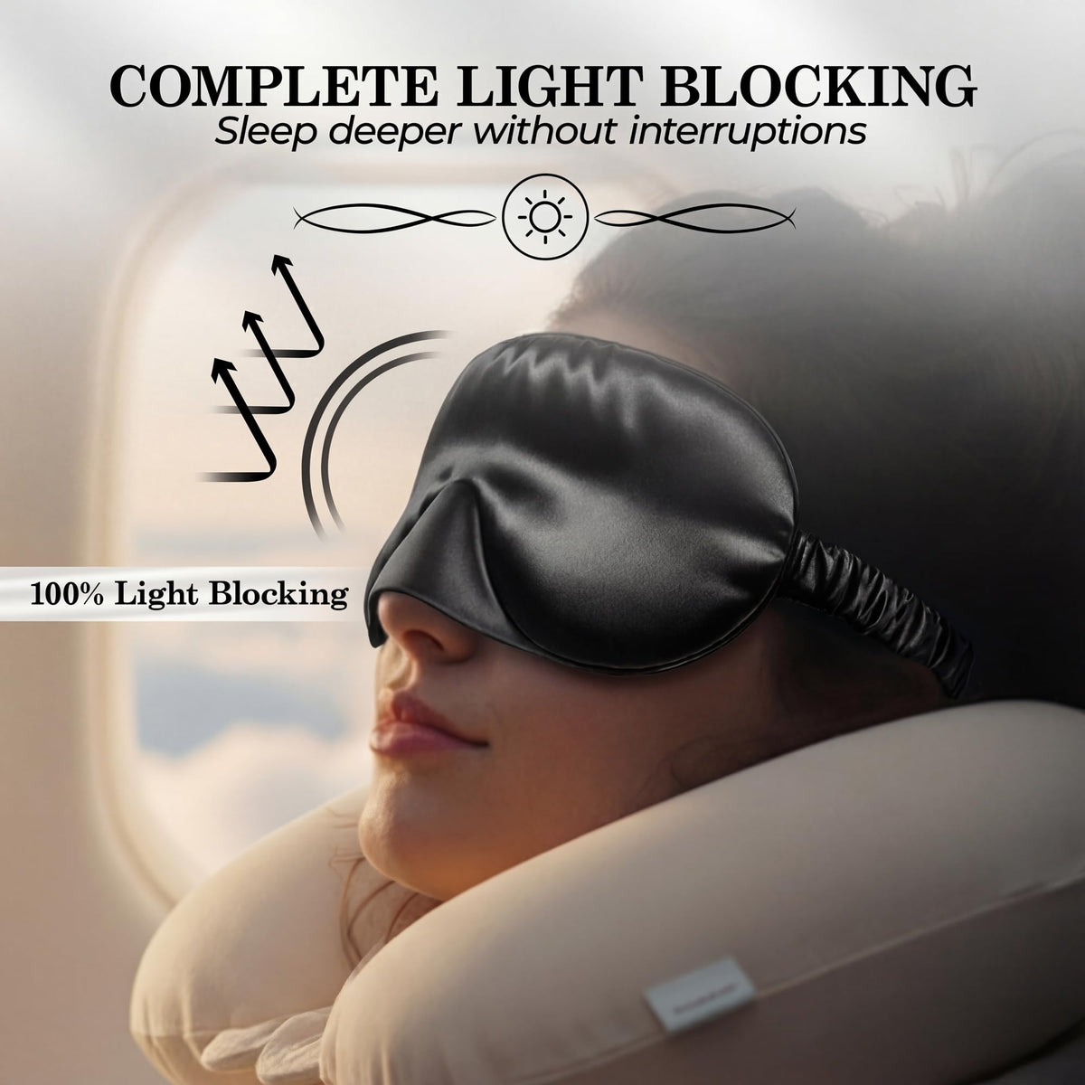 Person reclining with a neck pillow and black sleep mask, with light reflection arrows beneath "Complete Light Blocking".