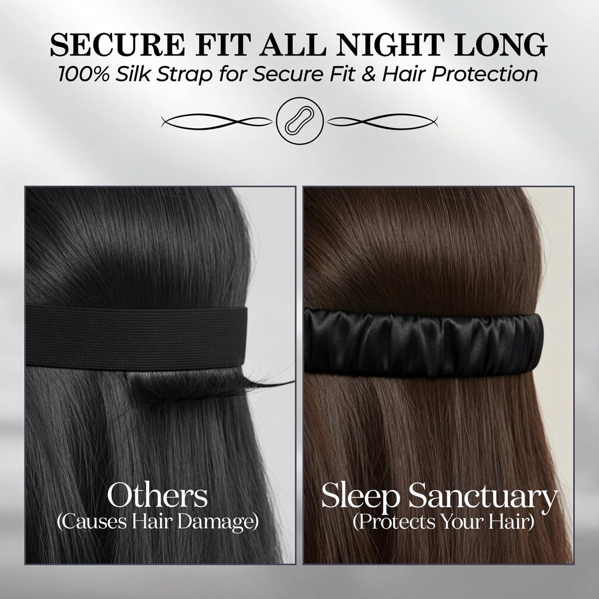 Side by side view of hair under a plain black strap and a black gathered sleep mask strap beneath "Secure Fit All Night Long".