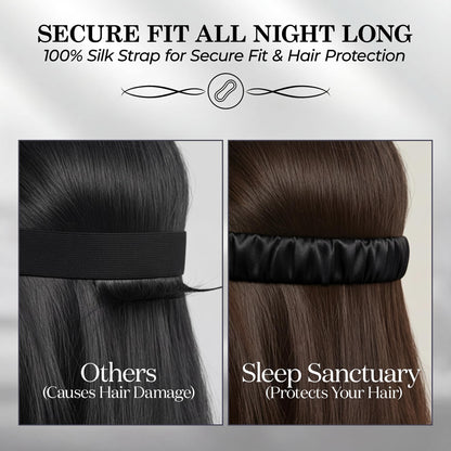 Side by side view of hair under a plain black strap and a black gathered sleep mask strap beneath "Secure Fit All Night Long".