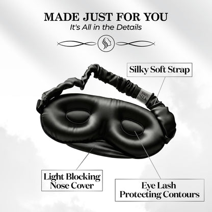 Inside of a black contoured sleep mask, with labels pointing to the gathered strap, nose cover and recessed eye cups.