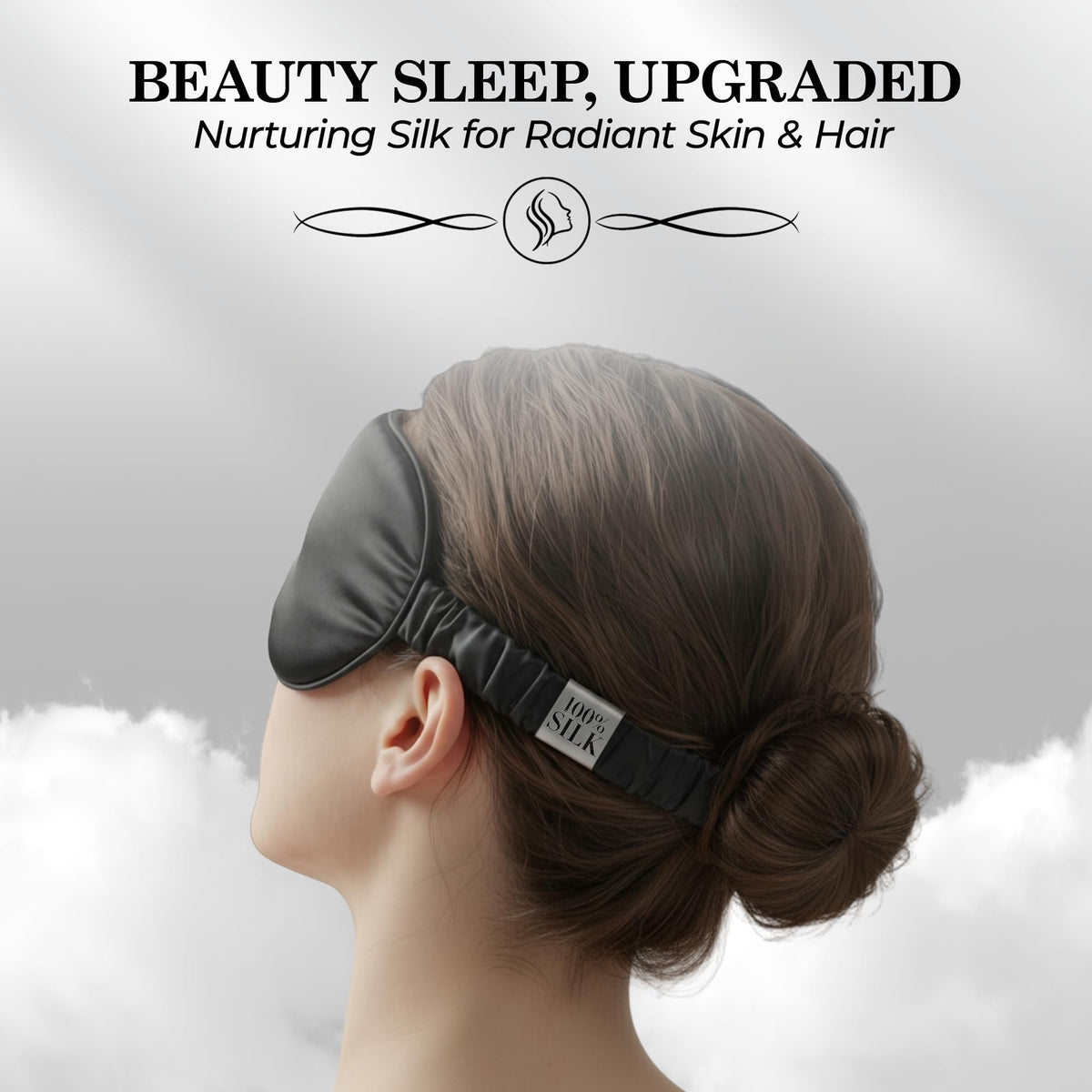 Side and rear view of a person wearing a black sleep mask with a gathered strap beneath "Beauty Sleep, Upgraded".