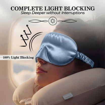 Person reclining with a neck pillow and light blue sleep mask, with light reflection arrows beneath "Complete Light Blocking".