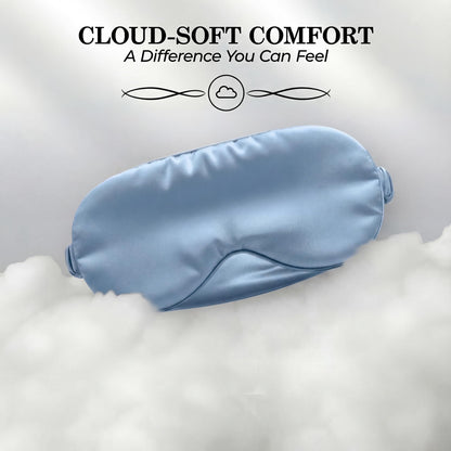 Light blue sleep mask resting on white cloudlike fluff beneath "Cloud-Soft Comfort".