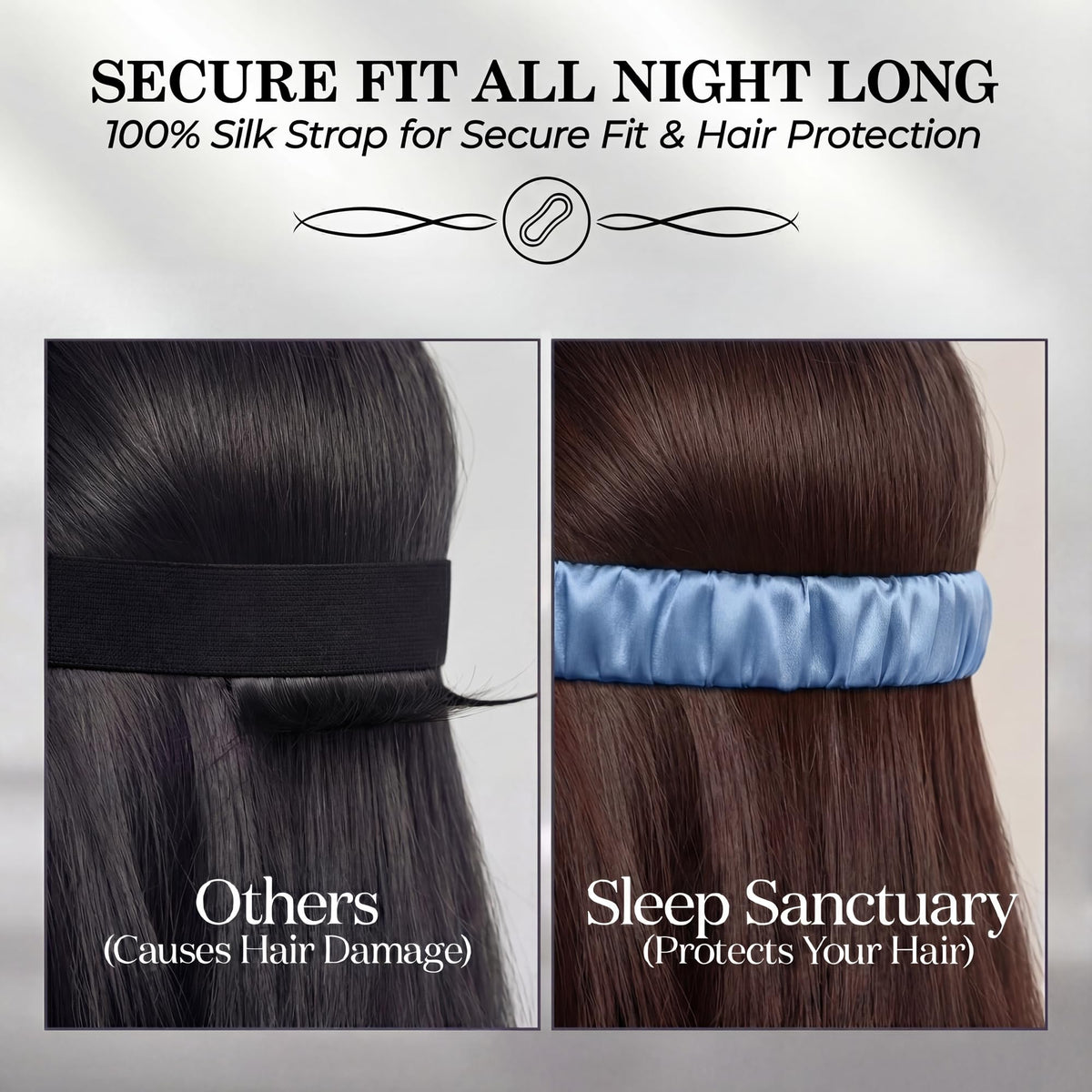 Side by side view of hair under a plain black strap and a light blue gathered sleep mask strap beneath "Secure Fit All Night Long".