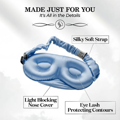 Inside of a light blue contoured sleep mask, with labels pointing to the gathered strap, nose cover and recessed eye cups.