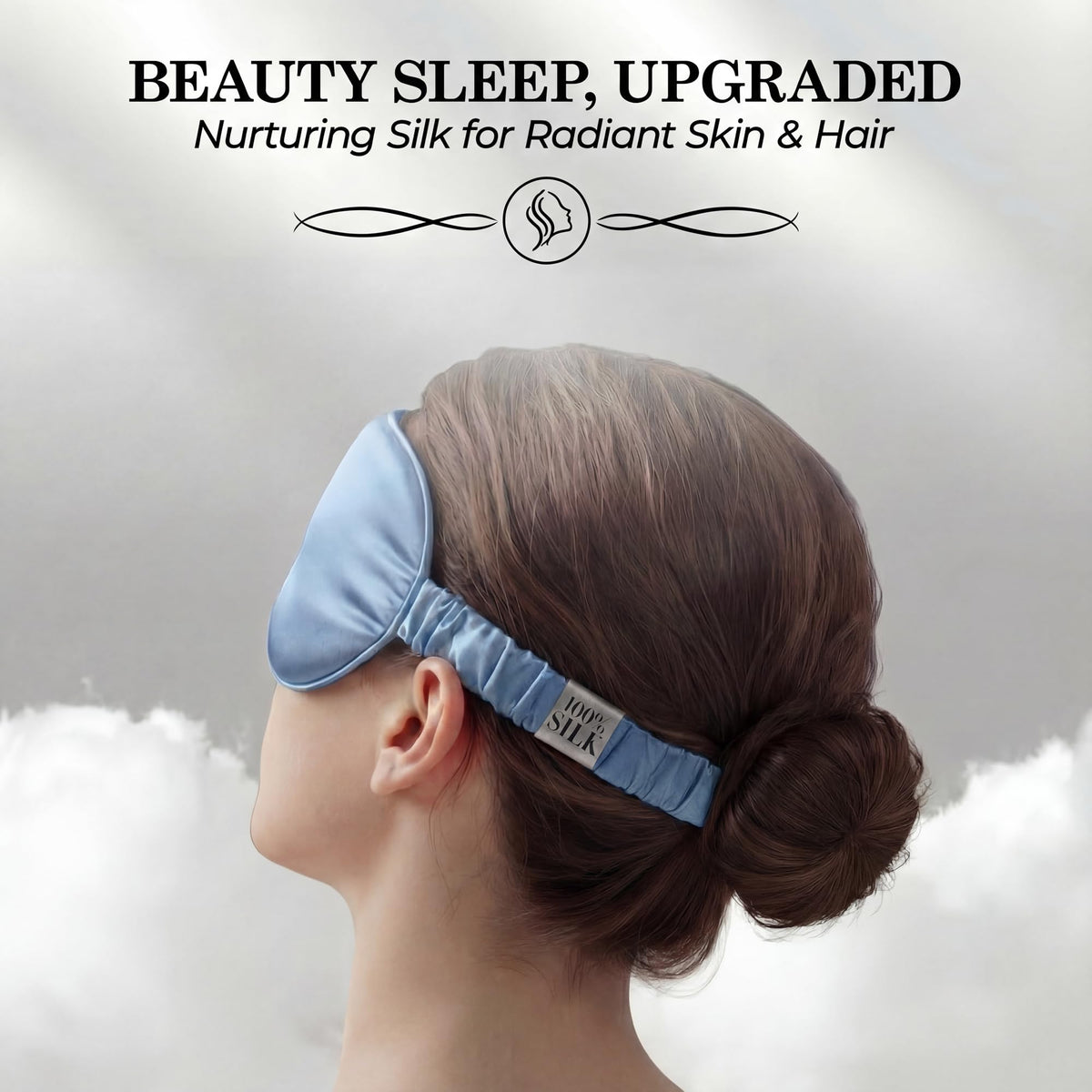 Side and rear view of a person wearing a light blue sleep mask with a gathered strap beneath "Beauty Sleep, Upgraded".