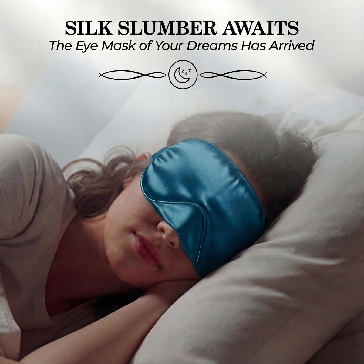 Person sleeping on their side wearing a teal sleep mask beneath "Silk Slumber Awaits".