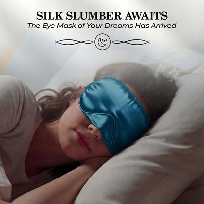 Person sleeping on their side wearing a teal sleep mask beneath "Silk Slumber Awaits".